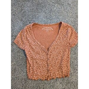 Aeropostale Orange Floral‎ Ribbed Shrunken Tee Top Women's Size S